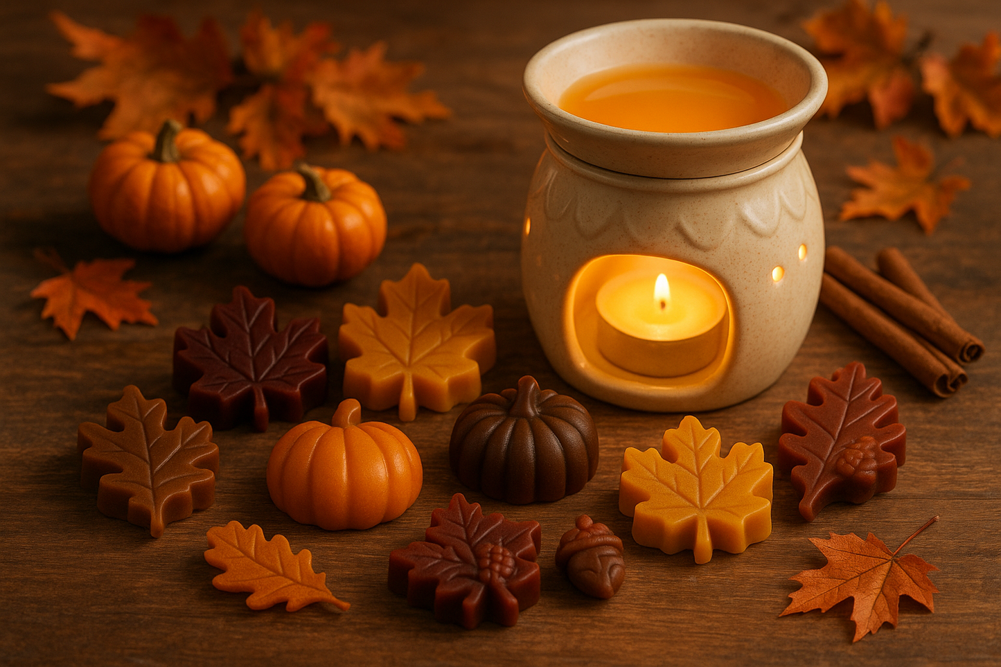 Fall wax melts beside a Wamer on table 