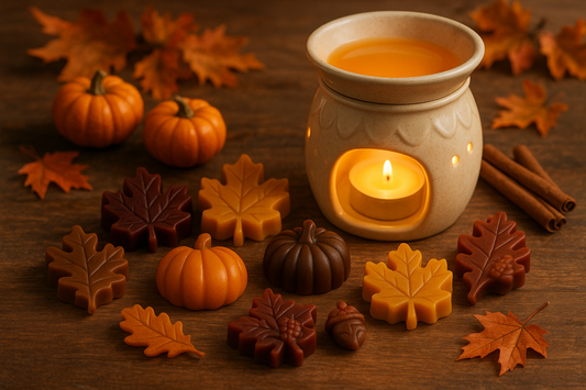 Fall wax melts beside a Wamer on table 